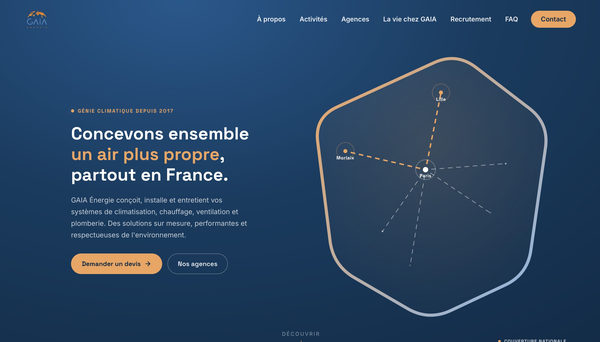 Accueil du site GAIA Énergie, sur fond bleu avec une carte de ses implantations.